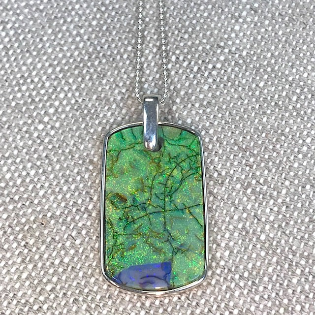Sterling Opal Dog Tag Pendant w/ Sterling Silver 24" Chain.