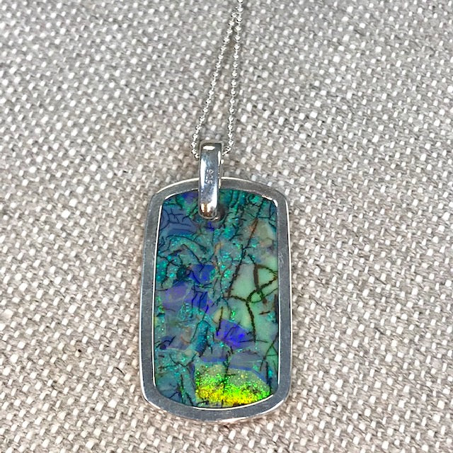 Sterling Opal Dog Tag Pendant w/ Sterling Silver 24" Chain.