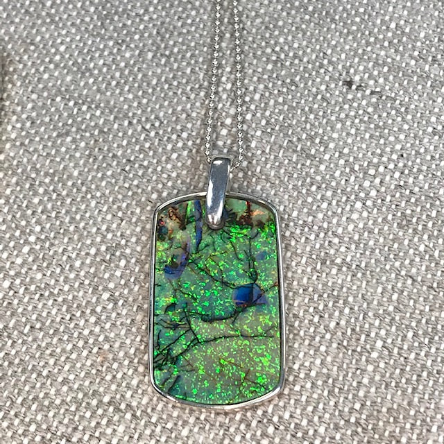 Sterling Opal Dog Tag Pendant w/ Sterling Silver 24" Chain.